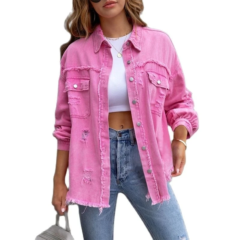 

Женская джинсовая куртка с необработанными краями, Повседневная Верхняя одежда розового, красного, оранжевого, фиолетового цветов, весна-осень 2023