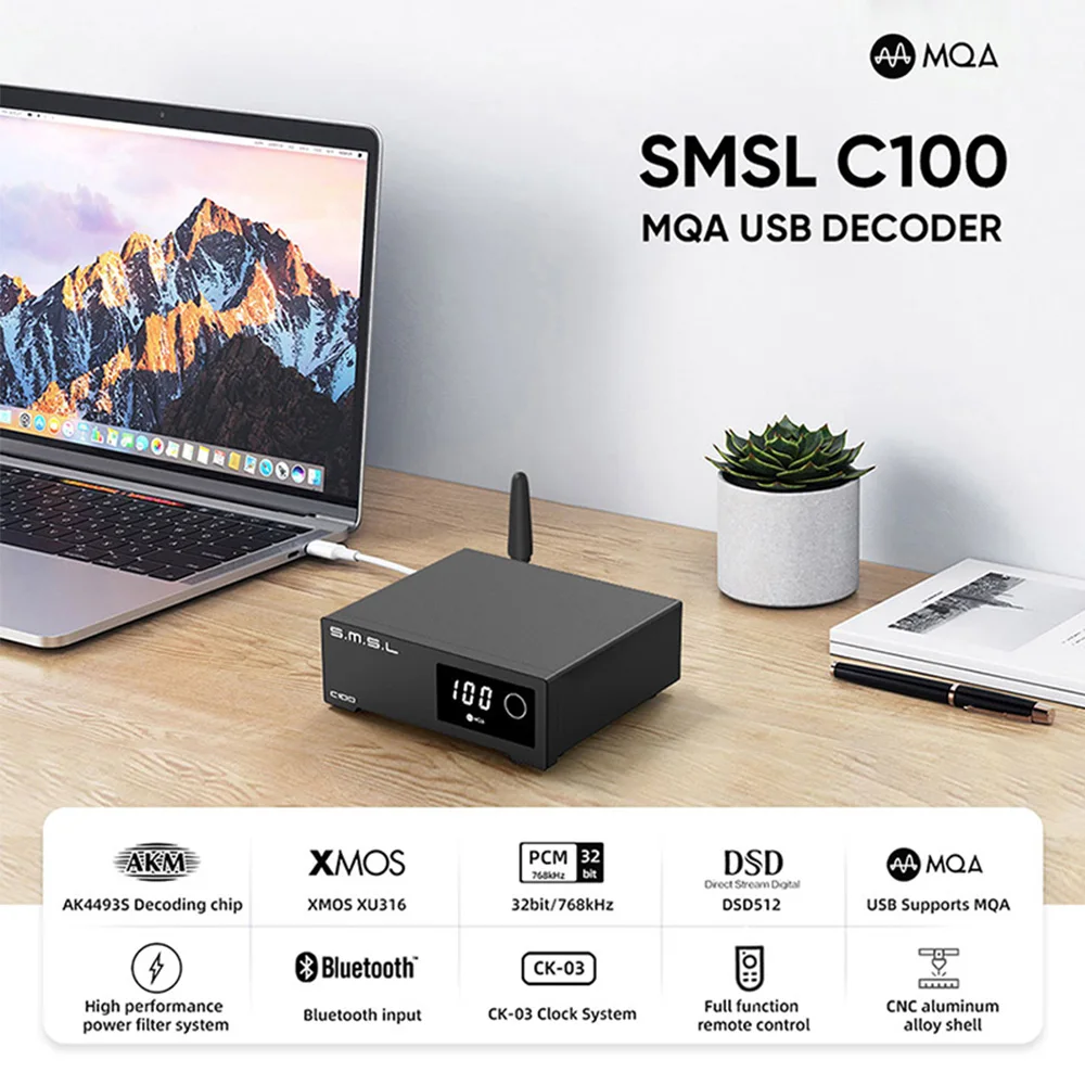 

SMSL C100 Bluetooth MQA USB C DAC with Remote Control AK4493S XMOS XU316 DSD512 32Bit 768KHZ CK-03 Clock Optical Coaxial Decoder