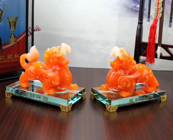 

A pair 2PCS Home store Company SHOP talisman Bring wealth money GOOD LUCK Dragon PI XIU jade resin FENG SHUI decor ART Statue