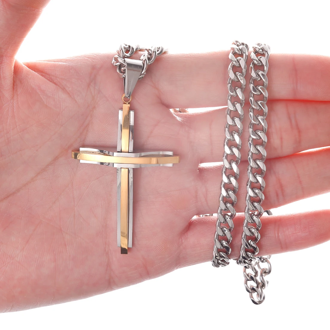 

Granny Chic Silver Gold Tone Stainless Steel Crucifix Pendant Necklace Cross Pendant with Cuban Link Chain 6mm for Men Women