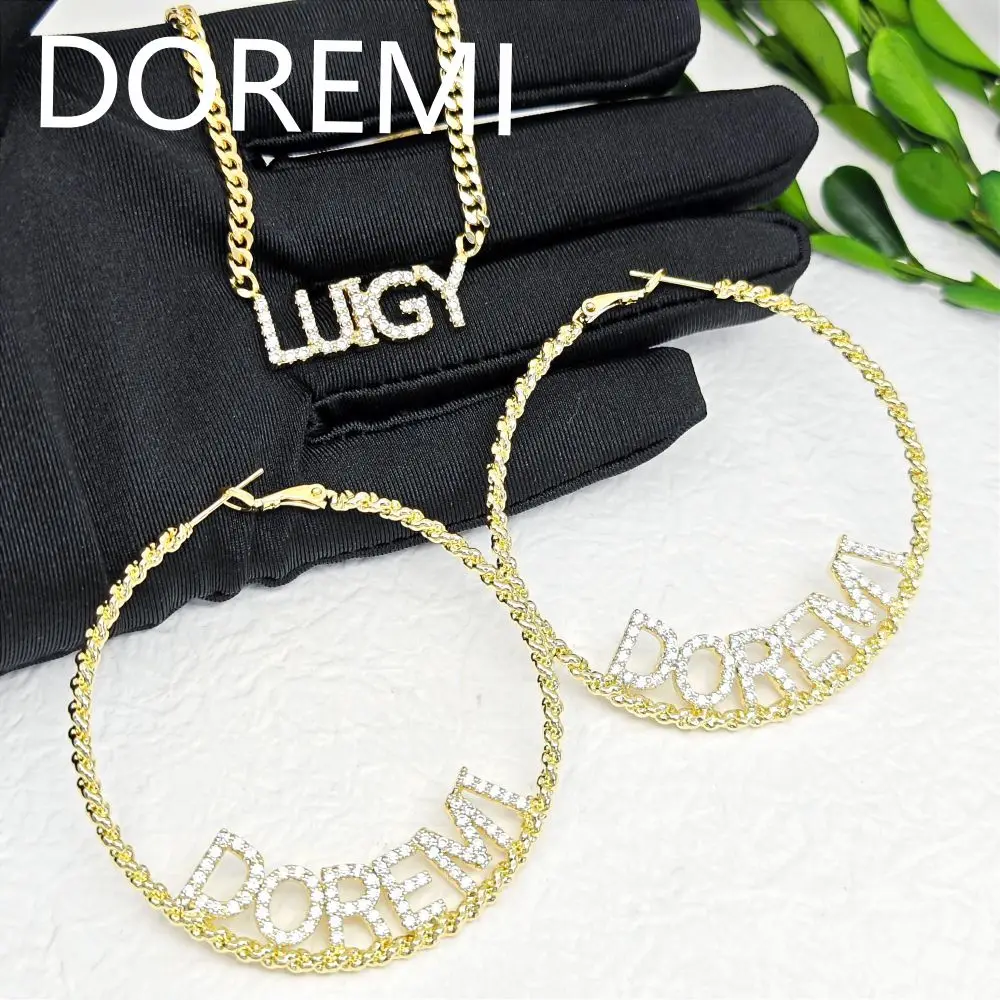 

DOREMI Custom Name Personalized 9mm Crystal Initial Letters Twisted Earring Hoop Necklace Jewelry Set