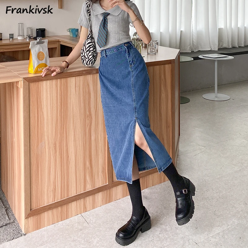 

Skirts Women Side-slit All-match Korean Preppy Style Hotsweet Denim A-line High Street Fashion Hipster Temperament College Daily