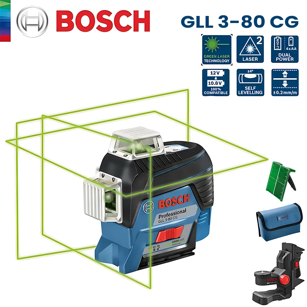 

Лазерный уровень Bosch GLL 3-80 CG, 12-линейный лазерный измеритель с зеленым лучом и дистанционным управлением по Bluetooth, самонивелирующийся лазерный измерительный инструмент