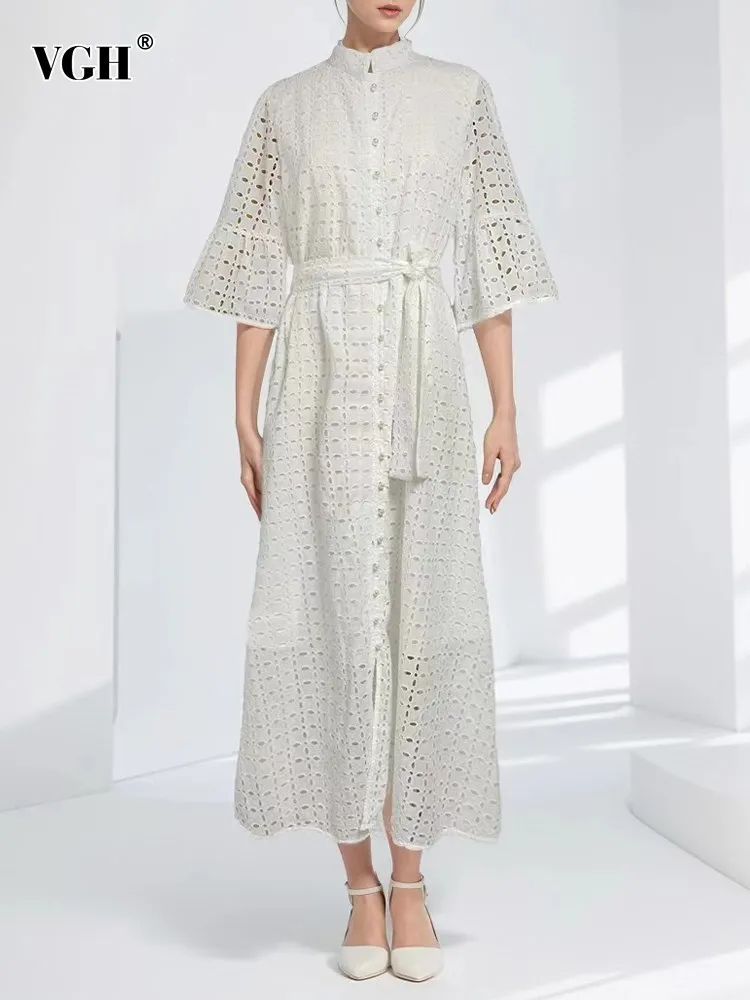 VGH solid patchwork lace up slimming dress for women stand collar half sleeve high waist hollow out elegant dresses female new
VGH solid patchwork lace up slimming dress for women stand collar half sleeve high waist hollow out elegant dresses female new