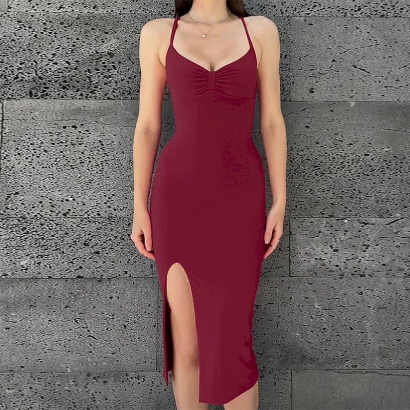 

2022 Summer New Fashion Sexy Backless Lace-up Slim Slit Dress for Women Summer Dress Sexy & Club Above Knee Mini Sleeveless