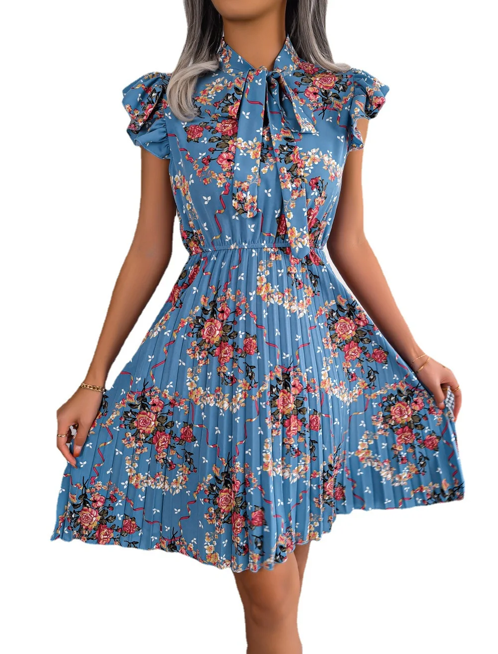 

2024 Spring/Summer Women's Fashion Elegance Flower Lace Waist Waist Large hem pleated skirt