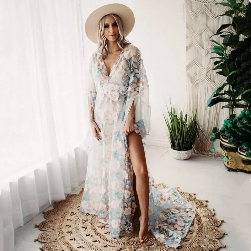 

Embroidery Lace Boho Maternity Photography Long Dress See Through Bohemian Lace Pregnancy Photo Shoot Dresses