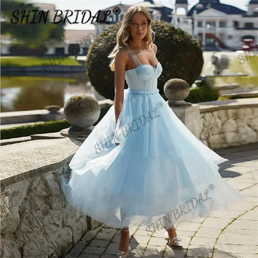 

Short Blue Tulle Prom Dresses 2024 Pastoral Fairy Tired Tea Length Sweetheart Party Backless Evening PromDresss vestido de noite