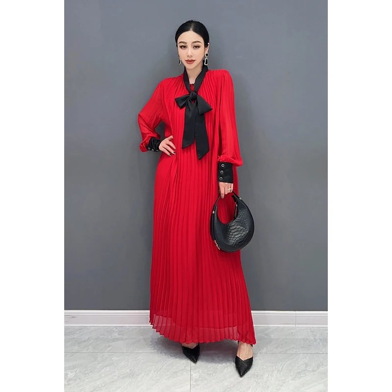 

2024 Spring Autumn New Hundred Pleated Long Dress Women Colored Long Sleeve Red Dress Bow Elegant Ladies LX159