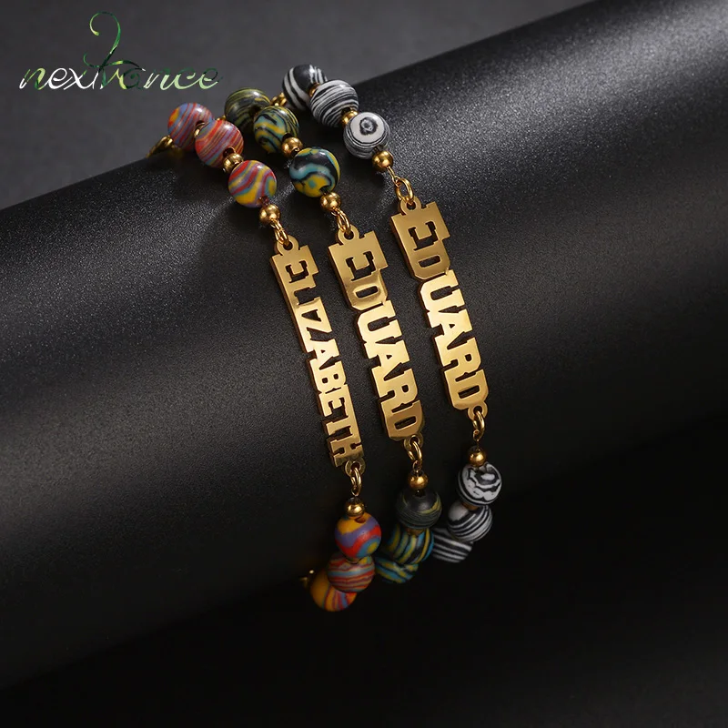 

Nextvance Custom Name Bracelet Stainless Steel Nameplate Exquisite Multicolored Patterned Beaded Bracelet For Women Jewelry Gift