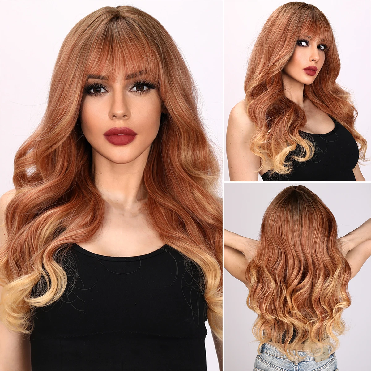 

Smilco Straight Bang Blonde Golden Wave Synthetic Fiber Wigs For Women Layered Daily Cosplay Curly Heat Resistant Natural Hair