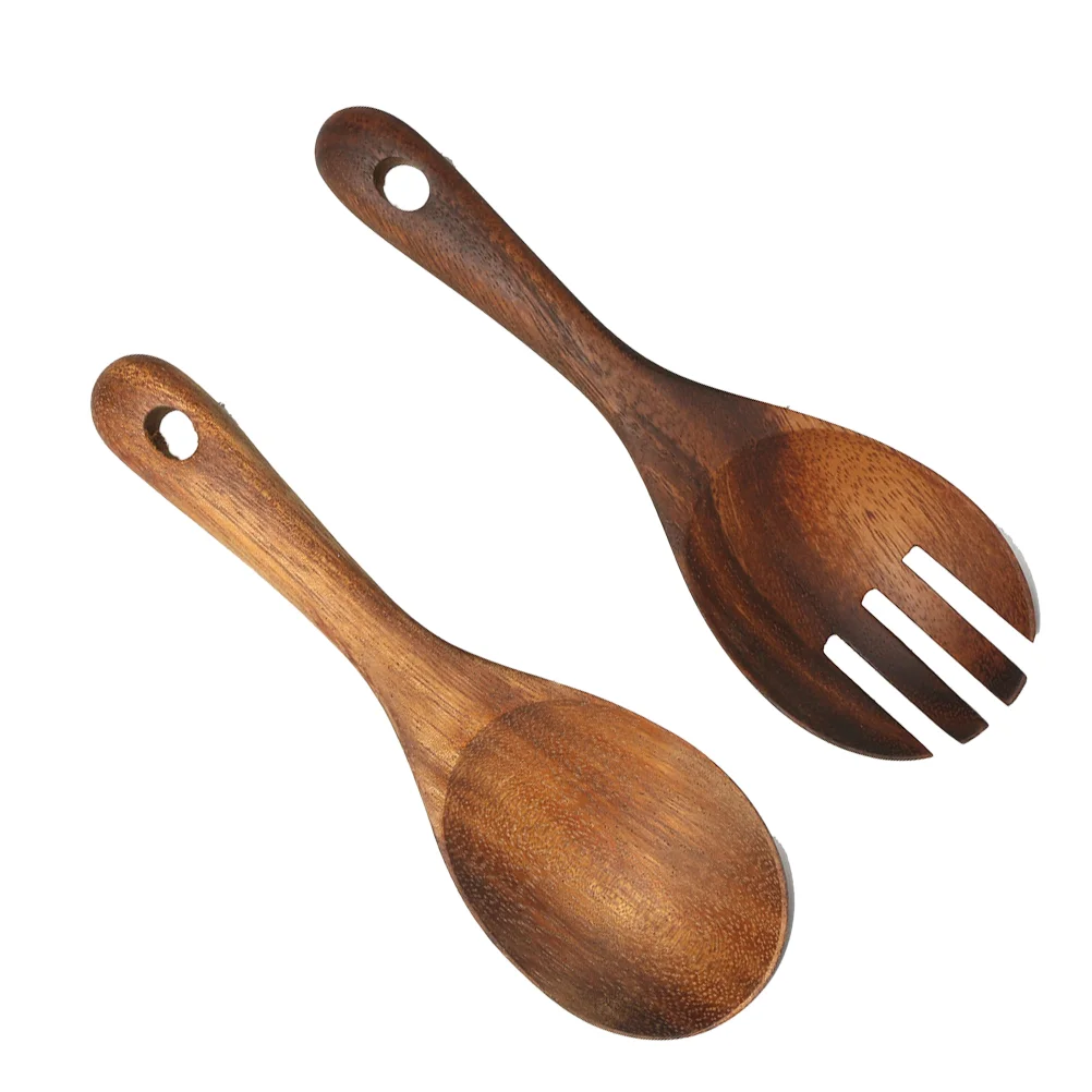 

2PCS Kitchen Natural Wooden Spoon Set Salad Dinner Serving Spoons Server Wood Fork Spoon Cutlery Set Cooking Tools