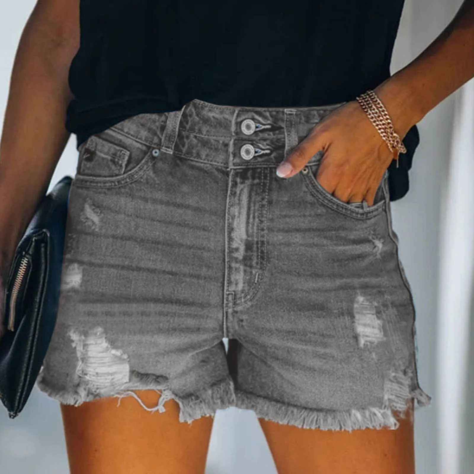 

Blue Gray Frayed Hem Denim Shorts For Women Ripped Holes Slash Pockets Short Denim Pants Summer Stretch Denim Hot Pants Jeans
