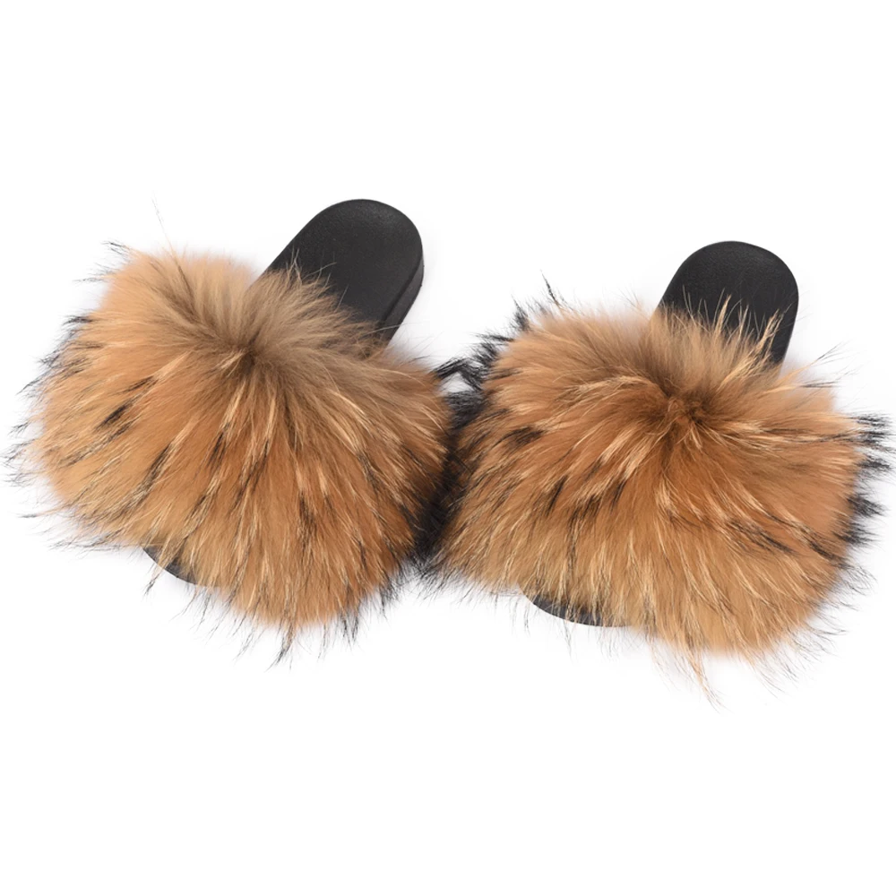 

14cm Wider Fur Women Shoes Sandals Fashion Slides New Real Raccoon Fur Slippers Sliders Summer Autumn Indoor Top Quality S6020W