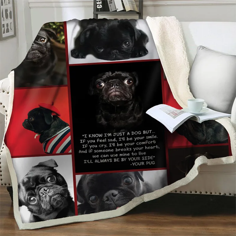 

3D Cartoon Cute Pug Sherpa Blanket On Beds Animal Plush Throw Blankets For Kids Bedspread Bulldog Sofa Soft Warm Quilt Nap Cover