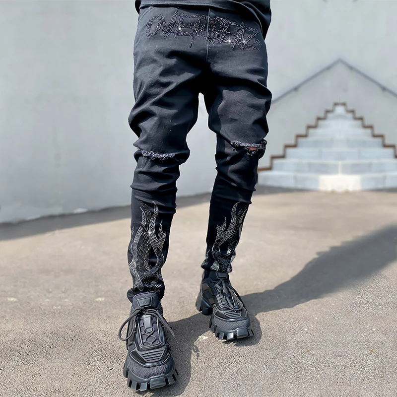 

Black Stretch Denim Pencil Pants MAN Denim Street Punk Slim Fit Biker Trousers 2021 Men's Ripped Hot Drill Jeans Skinny Jeans