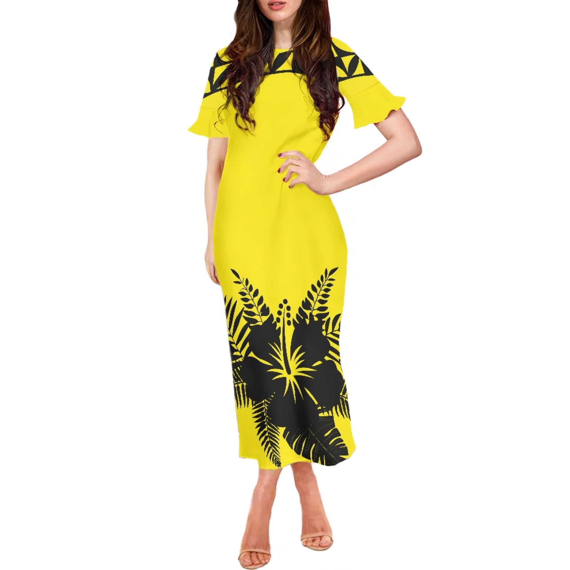 

Женское летнее платье с коротким рукавом, элегантное платье с круглым вырезом и принтом в виде листьев лотоса, гибискуса и цветов