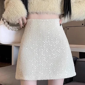 Saia de lã SMTHMA: Um toque vintage para seu guarda-roupa 8 ABRINI Women Office High Waist A-line Tweed Skirt Party Mini Slim Skirt Chic Shiny Slim Skirts For Women 2024 Spring Summer