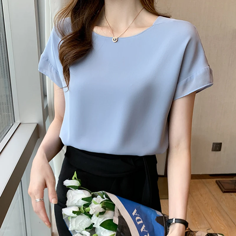 

Summer O-Neck Chiffon Women Blouse Shirt Tops Blusas Mujer De Moda 2024 Verano Short Sleeve White Blue Blouse Women Blouses F107