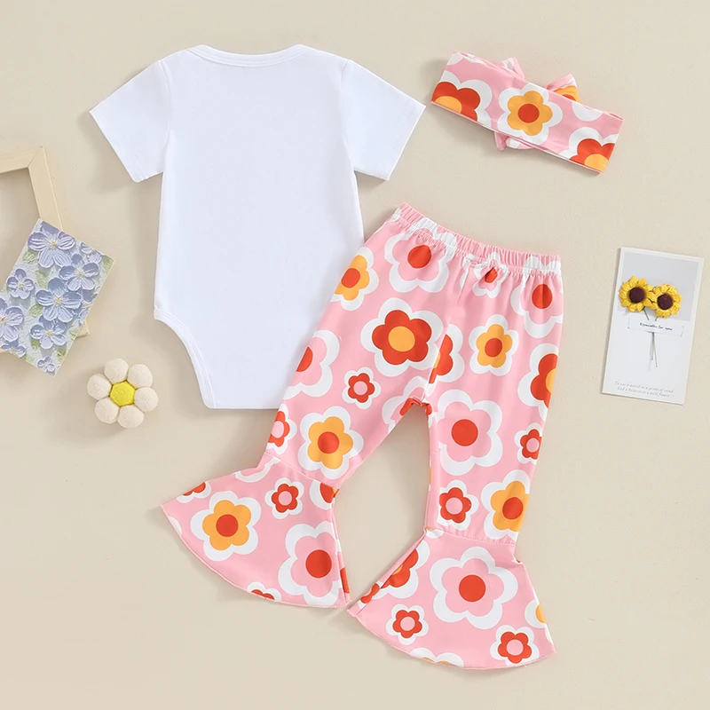 

Newborn Baby Girl Summer Clothes Short Sleeve Ribbed Romper Floral Flared Pants With Headband Infant Girl Outfits