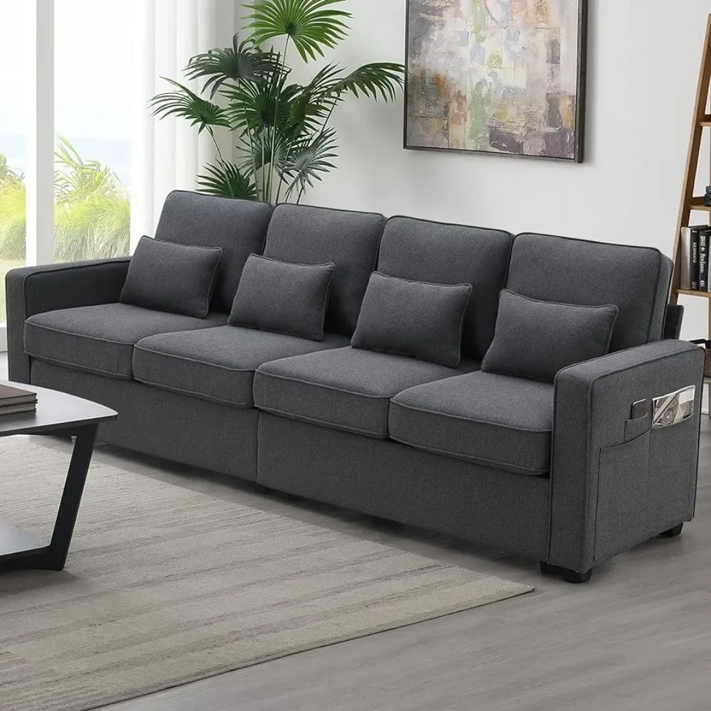 4 seat Modern Linen Fabric Sofa with Armrest Pockets and 4 Pillows,Minimalist Style Couch for Living Room, Apartment,Dark Grey
4 seat Modern Linen Fabric Sofa with Armrest Pockets and 4 Pillows,Minimalist Style Couch for Living Room, Apartment,Dark Grey
