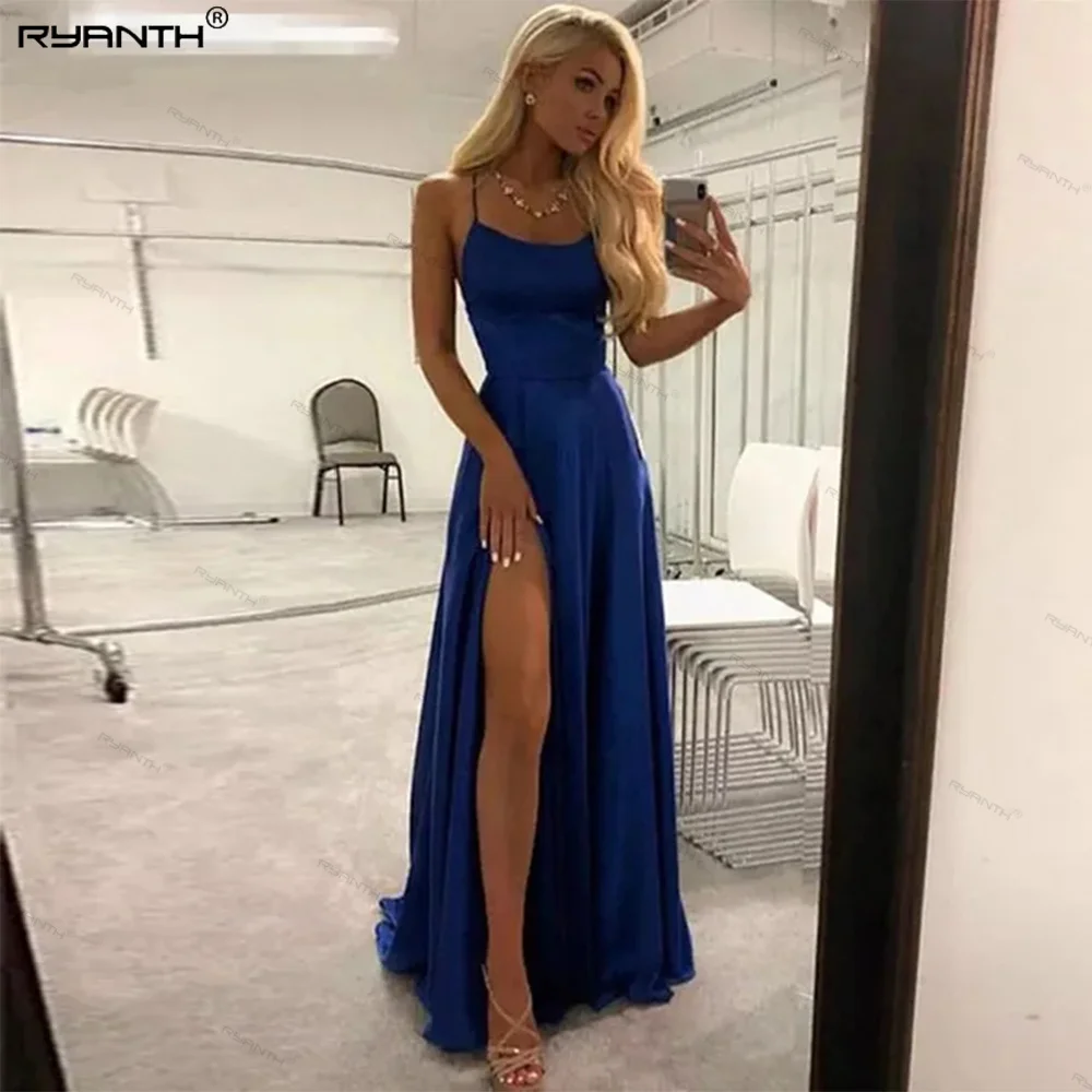 

Ryanth Royal Blue Split Prom Dress Elegant Women Party Night Formal Evening Dress Spaghetti Straps Vestidos Robe De Soiree