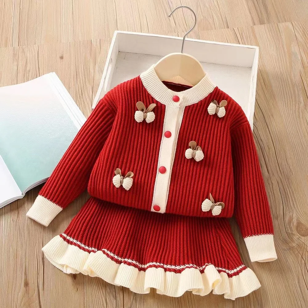 

Girls Sweater Set 2024 Autumn/Winter New Korean Edition Fashionable Solid Color Knitted Children's Two Piece Set