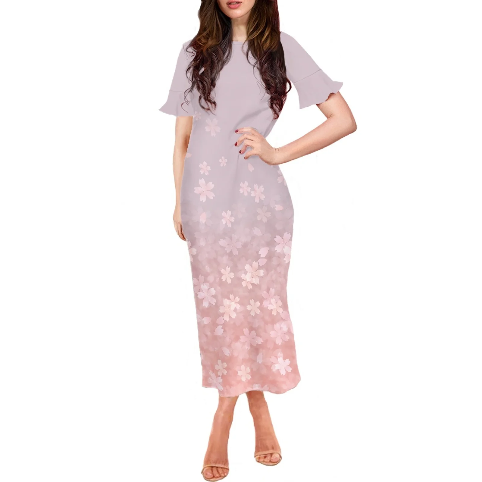 

Summer Cherry Blossom Design Print New Polynesian Hawaiian Style Short Sleeve Dress Luxury Lotus Sleeve Dress Lady Dress