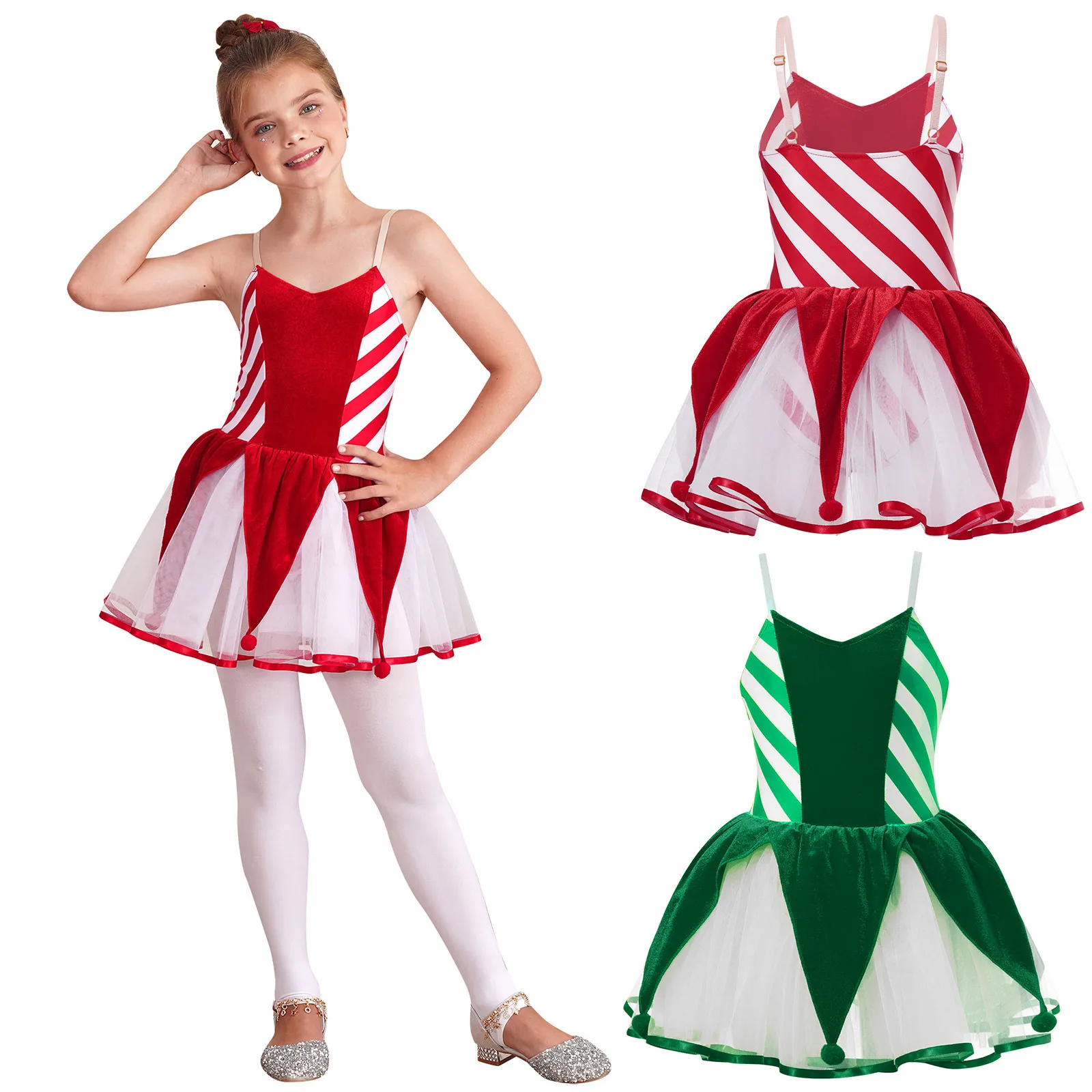 

Kids Girls Christmas Dress Sleeveless Pom Poms Decor Stripes Camisole Tutu Dress Leotard Xmas Party Santa Claus Cosplay Costume