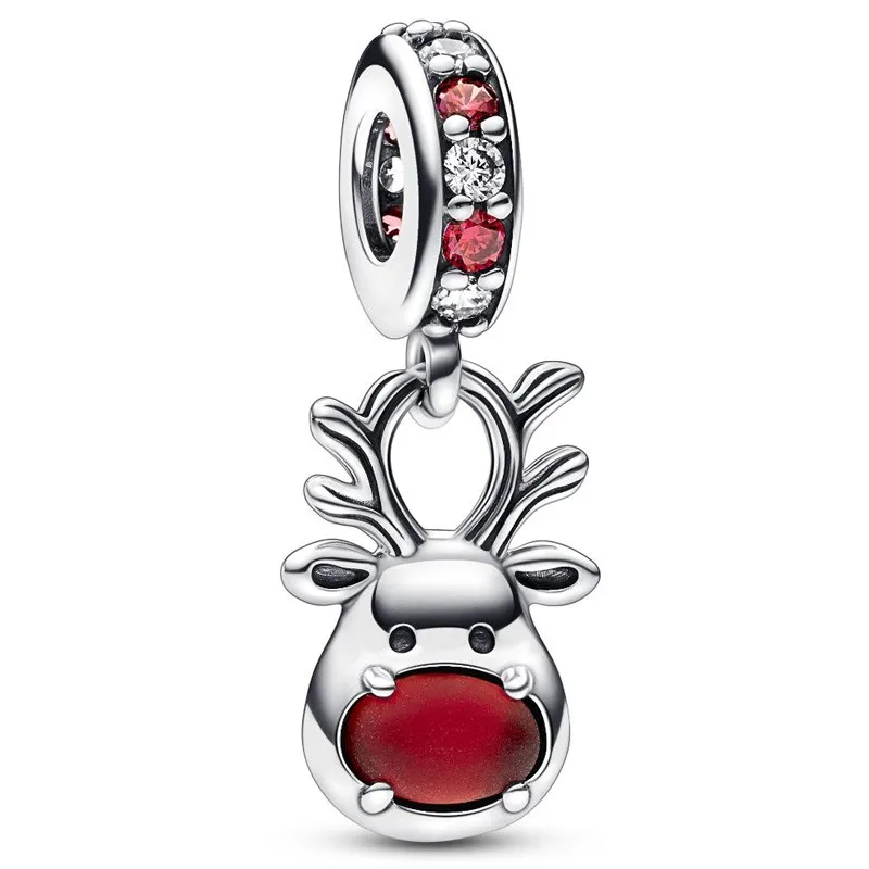 

Authentic 925 Sterling Silver Moments Red Nose Reindeer Murano Dangle Bead Charm Fit Women Pandora Bracelet & Necklace