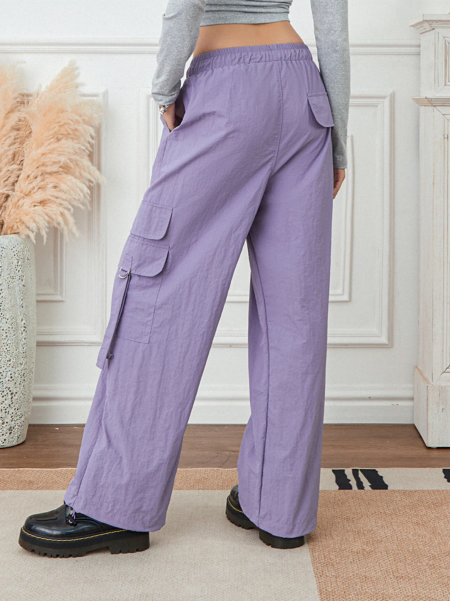 

Женские свободные длинные брюки-карго, однотонные парашютные брюки с завышенной талией и шнуровкой, повседневные рабочие мешковатые брюки с карманами