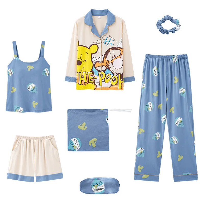 

Disney Anime Pooh Bear 7 Pieces Pajamas Set Cotton Pijama Female Pyjama Sleepwear Shirt Pants Shorts Suit Four Seasons Homewear