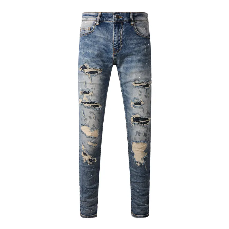 

Streetwear Fashion Men Jeans Retro Blue Stretch Skinny Fit Painted Ripped Jeans Men Beading Patched Designer Hip Hop Brand Pants