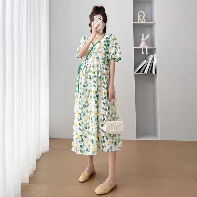 

2024 Summer Maternity Nursing Dress Green Cross V-neck High Waist Postpartum Woman Flora Dress Fashion Breastfeeding Dress Loose