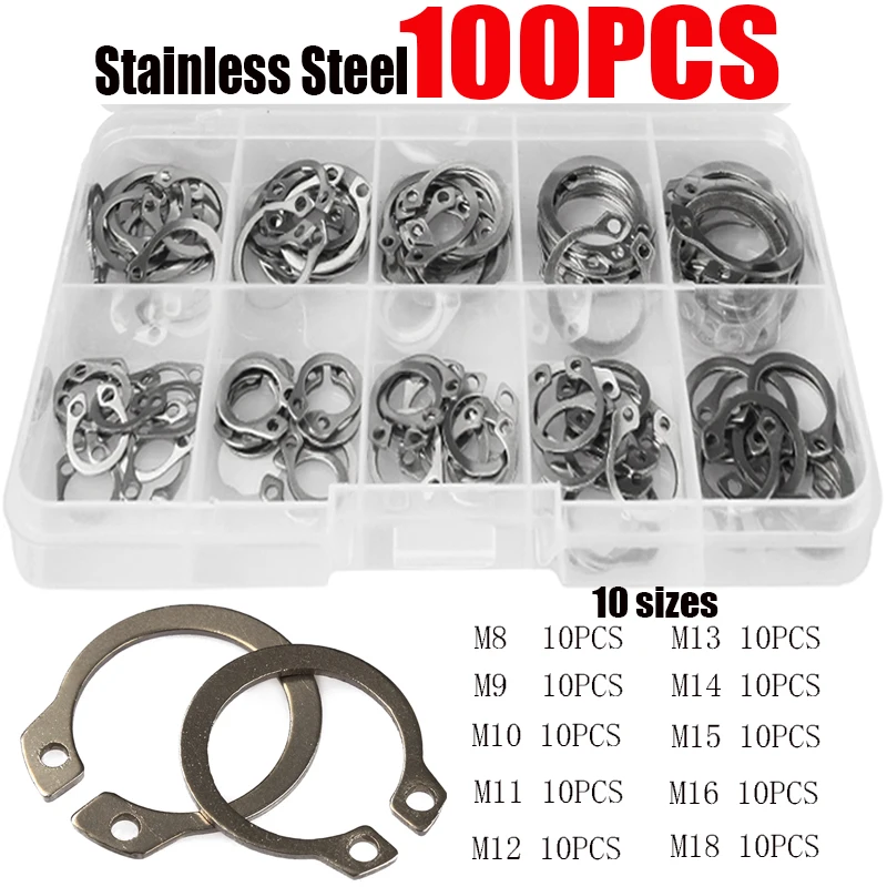 

100Pcs 304 Stainless Steel M8 M9 M10 M11 M12 M13 M14 M15 M16 M18 Jump Ring Circlip Sack Retainer E Clip Split Washers