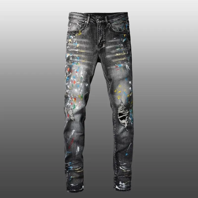 

AM Brand Men's Pants Old Wash Water Stretch Jean Skinny Trouser Retro Splash Ink Jean Patch Biker Streetwear Ripped Denim Pant