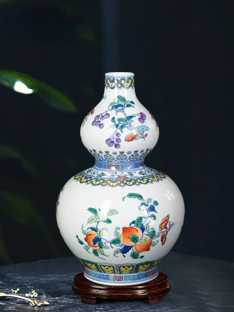 

Jingdezhen Ceramic Blue and White Porcelain Vase Hand-Painted Colorful Three-Pattern Double-Gourd Vase Living Room Retro