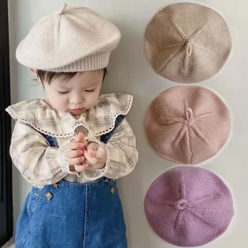 

Cute Baby Berets Wool Knitting Beret Hats French Flat Plaid Top Kids Caps Versatile Soft Knitted Autumn Winter Outdoor Warm Hat