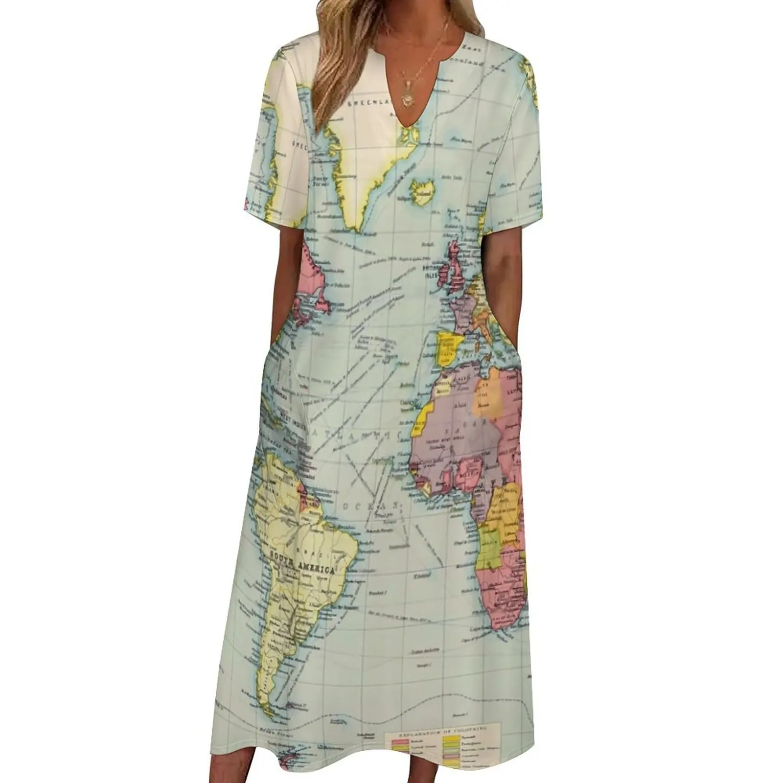 

Женское винтажное платье макси, длинное платье в богемном стиле с изображением карты мира, летняя Радужная карта, подарок на день рождения
