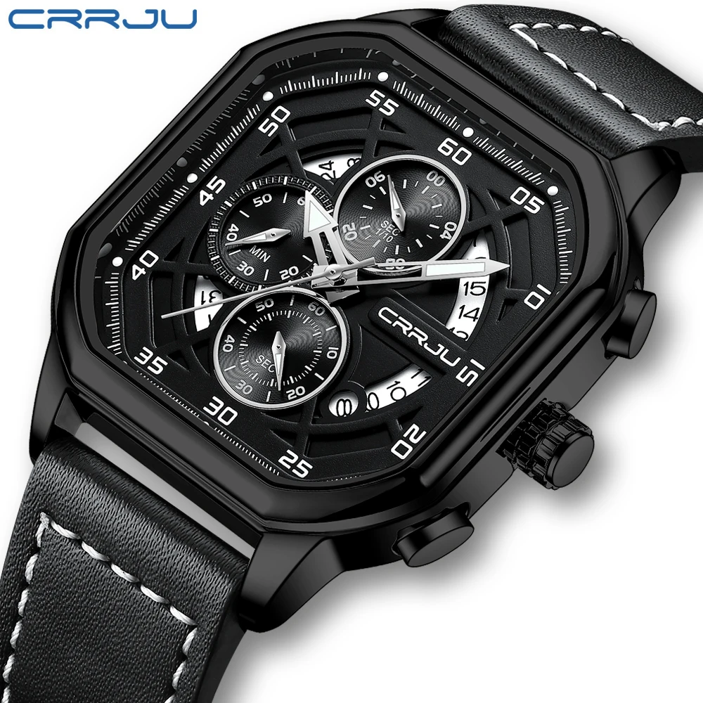 

CRRJU Men Quartz Watch Luxury Sports Waterproof Chronograph Luminous Date Man Wristwatch Business Leather Men's Watches Clock