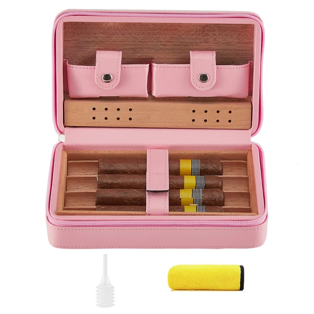 Étui à cigares en bois de cèdre, boîte à cigares en cuir de voyage, kit de rangement de 4 humidificateurs à cigares, accessoires de support d'humidification portables en bois de cèdre 2