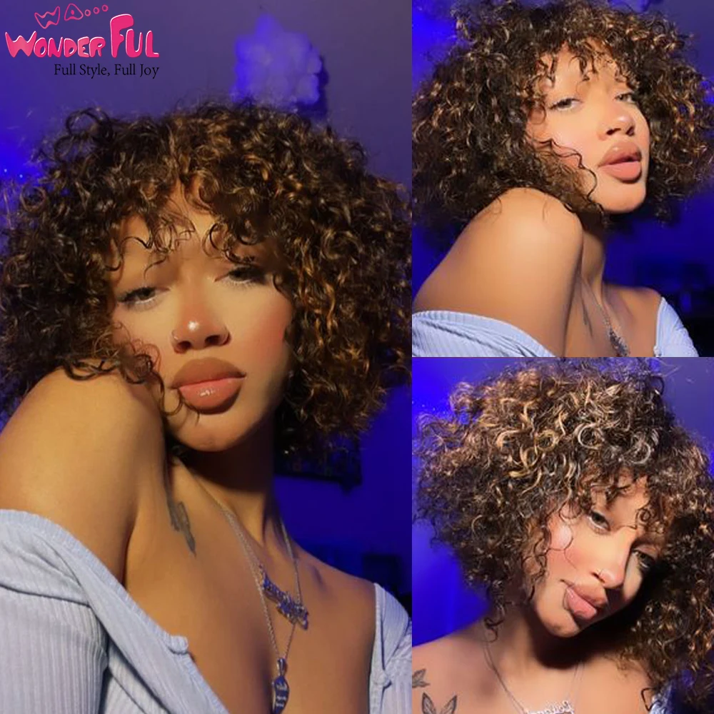 

Jerry Curly Bob Human Hair Wigs With Bangs Short Pixie Bob Cut Glueless Wig Highlight Honey Water Wave Blonde Colored Wigs