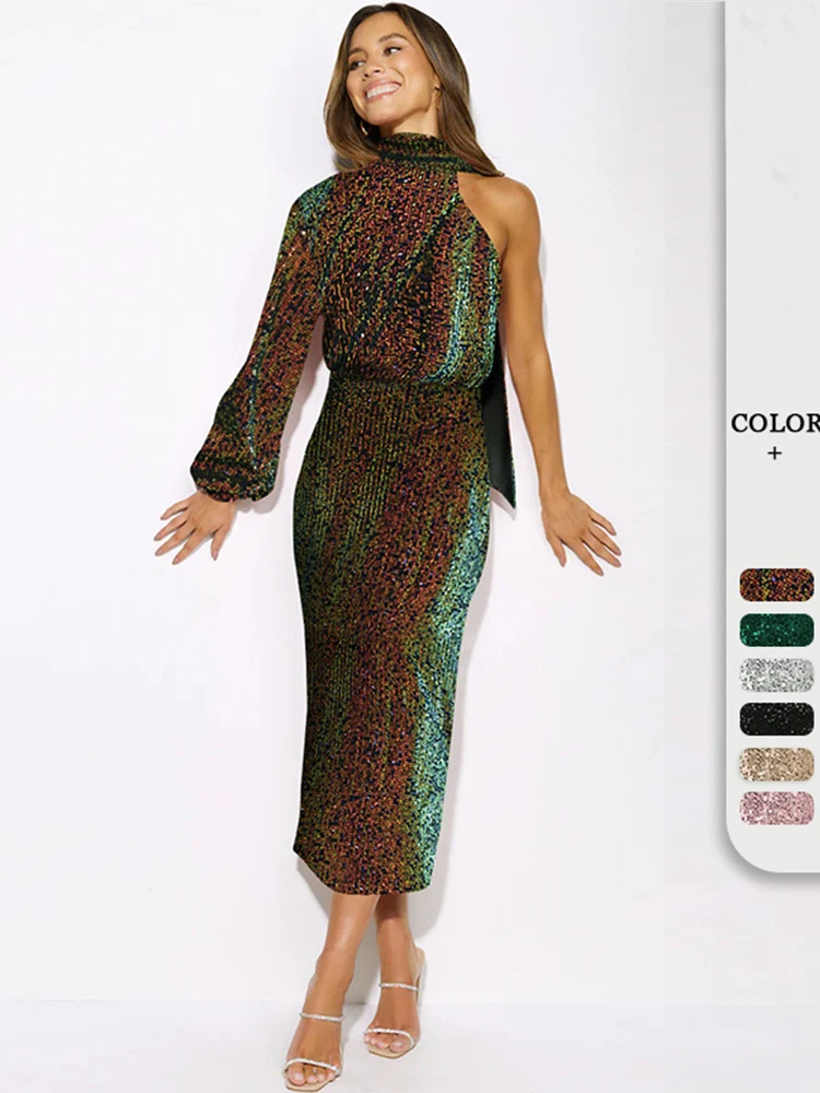 Women Sequin Dress Glitter Sparkle Sexy Shawl Collar Eleglant Long Dress One Shoulder Sleeve Women's Maxi Long Sparkling Dress
Women Sequin Dress Glitter Sparkle Sexy Shawl Collar Eleglant Long Dress One Shoulder Sleeve Women's Maxi Long Sparkling Dress