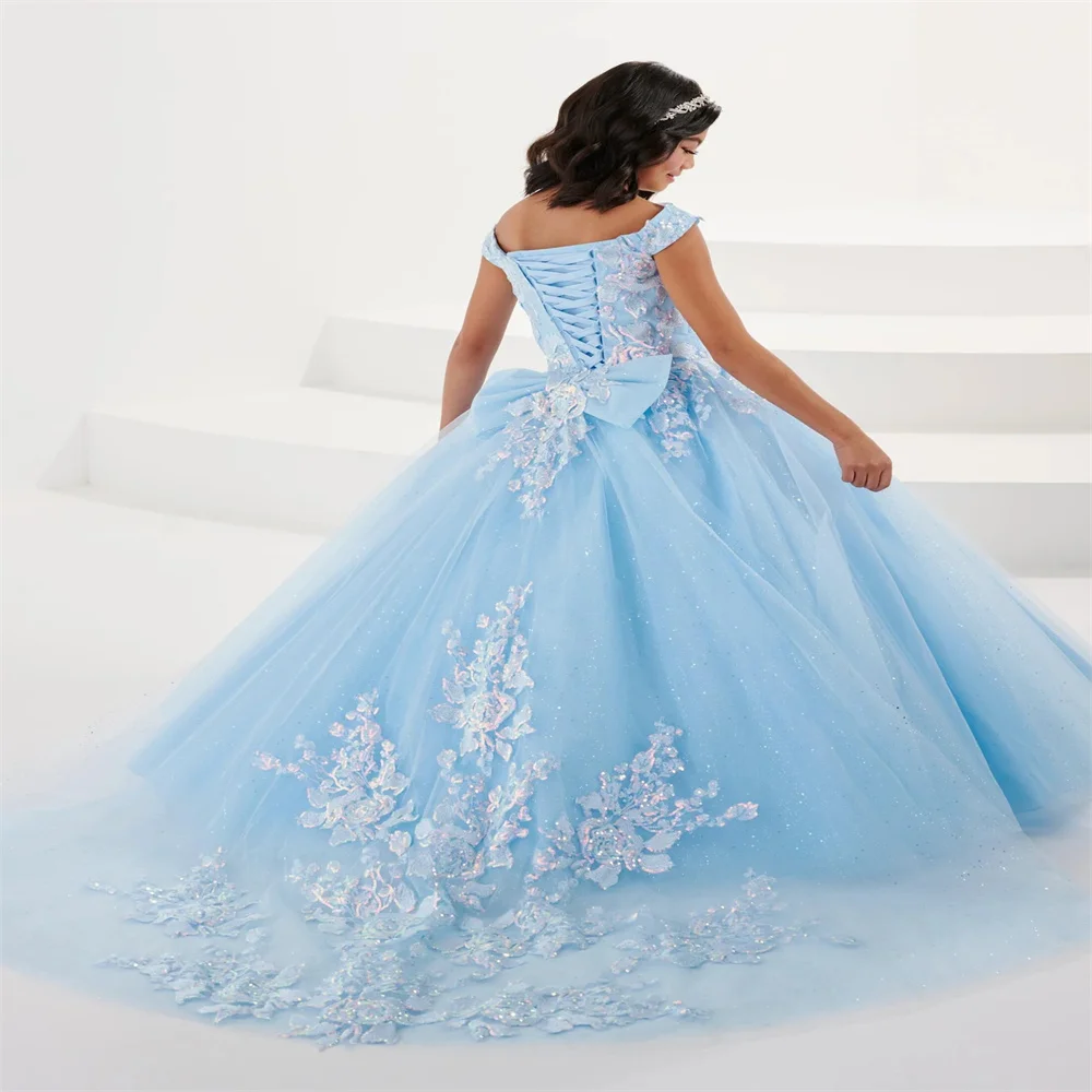 

Blue Applique Flower Girl Dresses for Wedding Lace Tulle Sequin Puffy Flat Collar Elegant Kids First Holy Communion Ball Gown