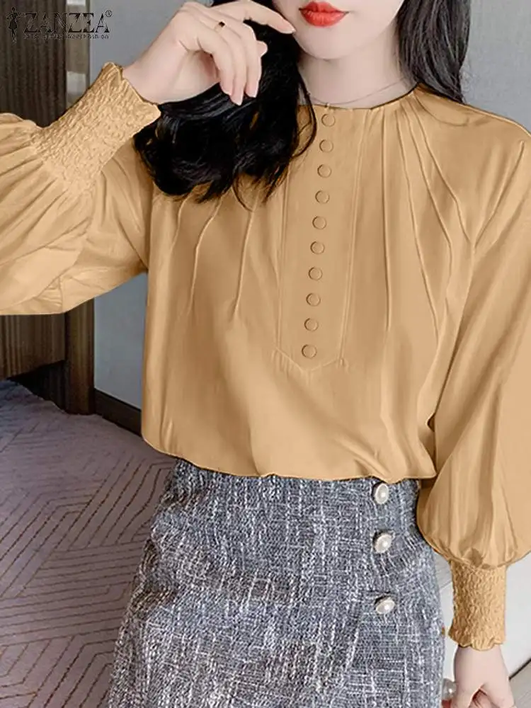 

Женская блузка с длинным рукавом ZANZEA, элегантная офисная рубашка с круглым вырезом, Летние Плиссированные Блузы на пуговицах, повседневные свободные однотонные топы, 2024