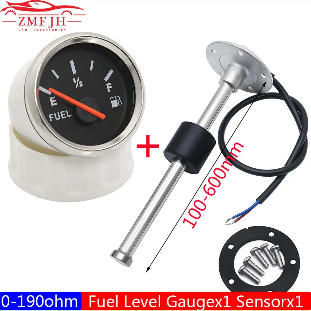 

52mm Fuel Level Gauge + Fuel Level Sensor 0~190 ohm With Red Backlight For Car Boat Motorcycle Indicator E-F Range 12-24V