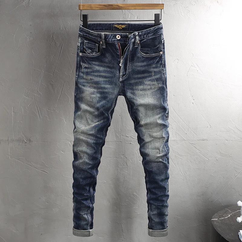 

Fashion Designer Men Jeans High Quality Retro Washed Blue Elastic Slim Fit Ripped Jeans Men Trousers Vintage Denim Pants Hombre