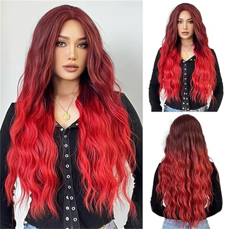 

Middle parting gradient red long curly hair wig Wigs for Women Natuaral Synthetic Wavy Curly Hair Wig for Daily Party Cosplay Us