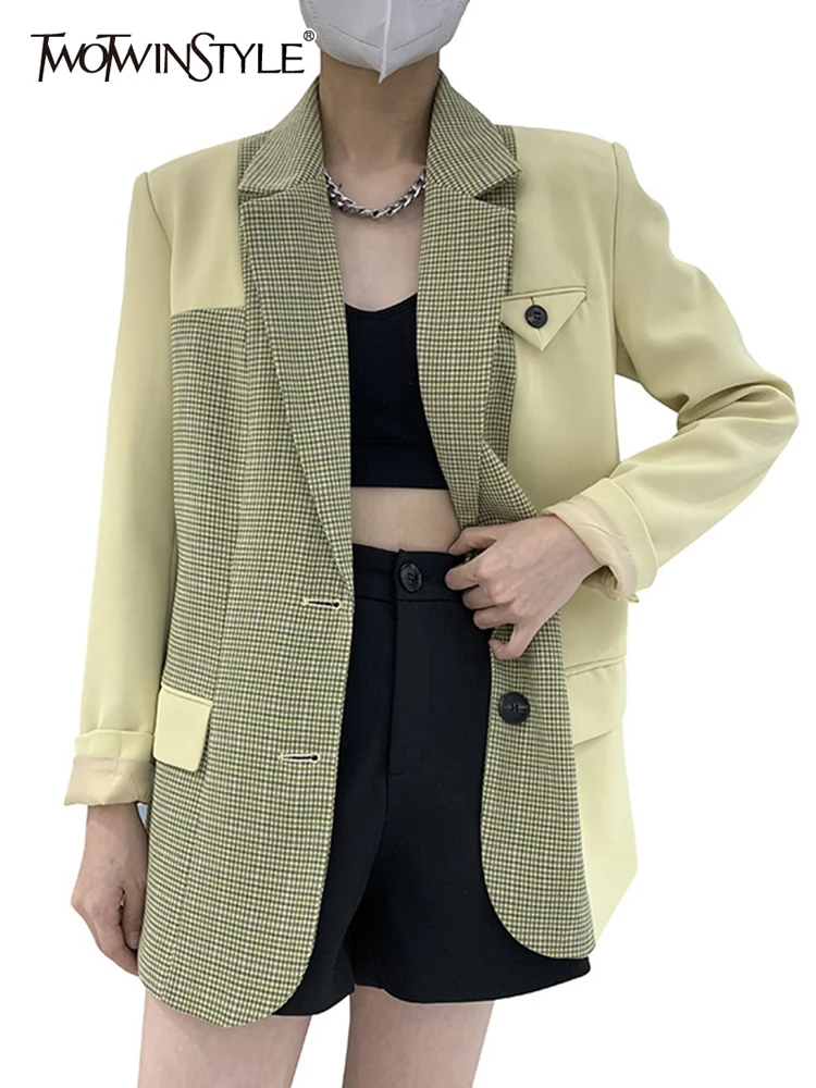 TWOTWINSTYLE Hit Color Patchwork Denim Pocket Blazers For Women Notched Collar Long Sleeve Temeprament Blazer Female Fashion New
TWOTWINSTYLE Hit Color Patchwork Denim Pocket Blazers For Women Notched Collar Long Sleeve Temeprament Blazer Female Fashion New