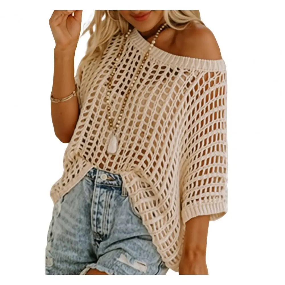 

Spring Knitwear Stylish Women's Crochet Knit Sweater Tops O-neck Short Sleeve See-through Hollow Out Pullover Tee Vintage Long